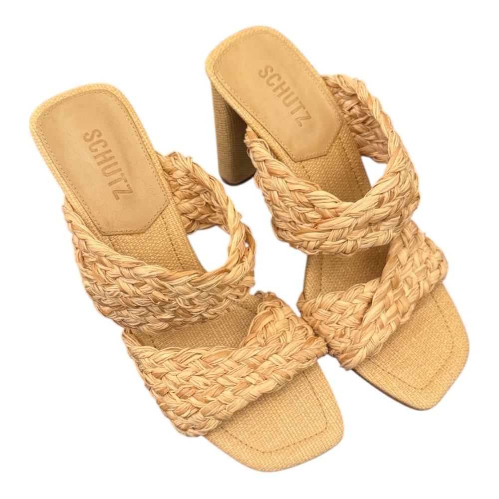 Schutz Braided Block Heel Sandals | Natural Raffia | NWOB | Size 9.5